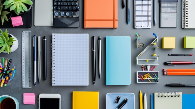 Foto capture uma coleção de materiais de escritório organizados cuidadosamente