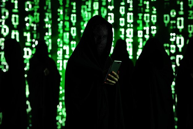 En la capucha contra el código binario de fondo silueta hacker concepto de crimen informático IA generativa