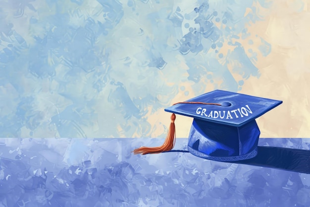 Capucha de graduación azul con borla contra el texto de graduación de acuarela abstracta
