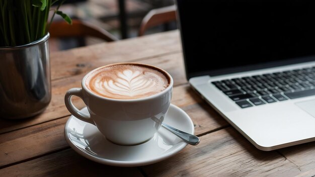 Capuchino caliente con computadora portátil en la mesa