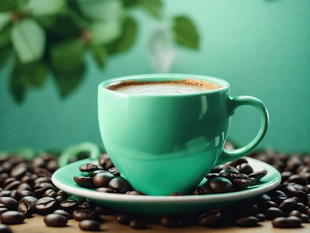 Capuchino caliente en taza verde con plato generativo ai