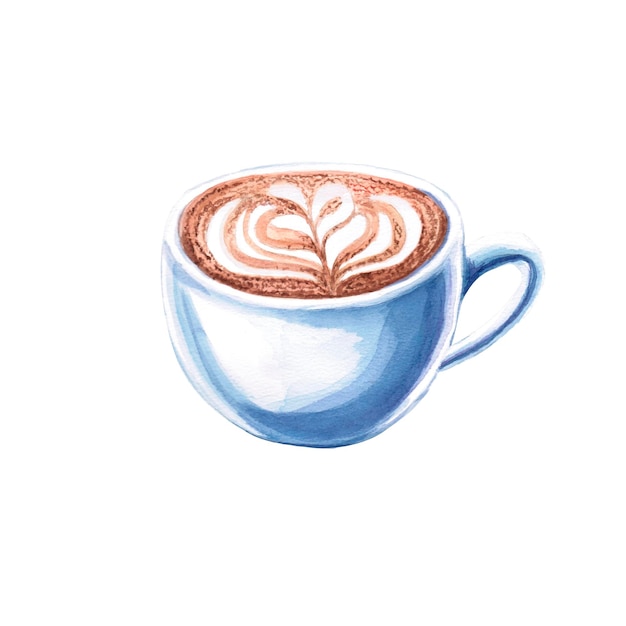 Capuchino con espuma con un patrón floral en una taza de cerámica en una ilustración de acuarela en blanco