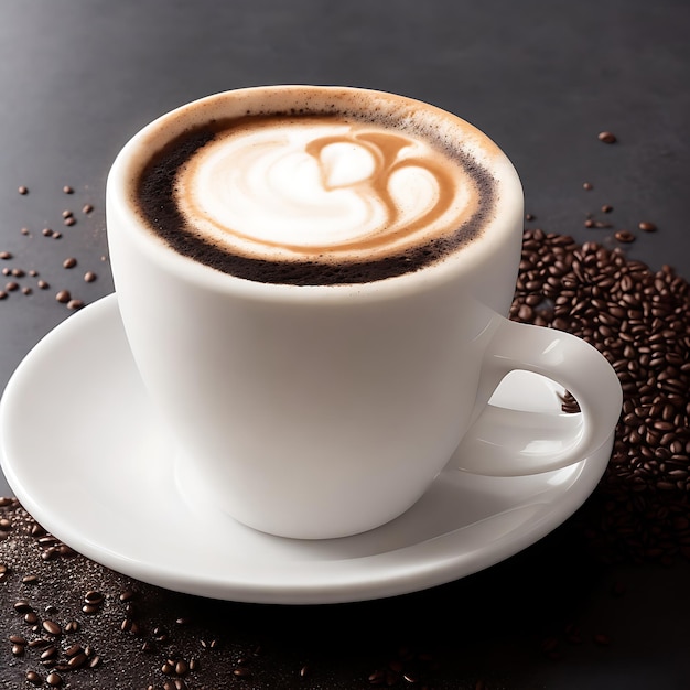 Capuchino espumoso en una elegante taza negra en una mesa oscura generada por la IA