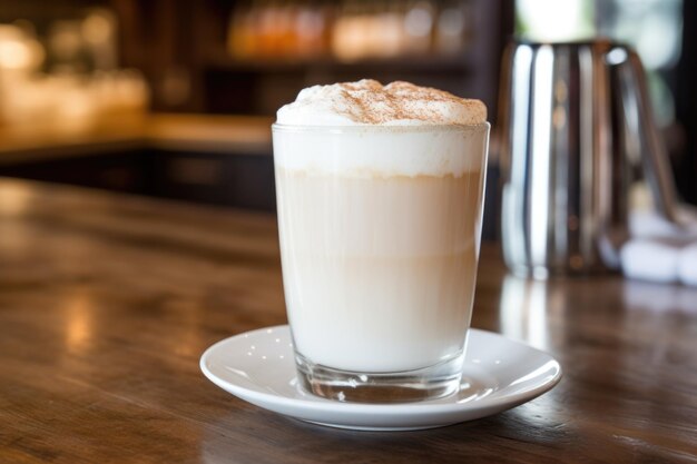 Foto un capuchino espumoso en una taza grande en el mostrador de una cafetería