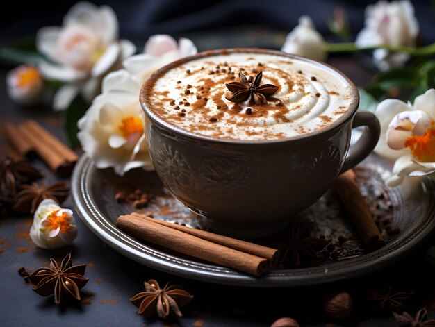 Capuchino con palos de canela a su alrededor en un café