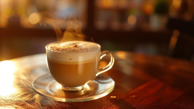 Capuchino realista en una taza de vidrio en la mesa de madera