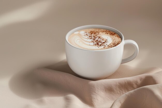 Capuchino en taza blanca sobre tela beige