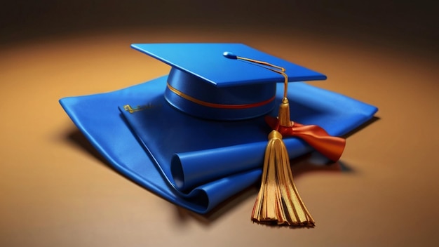 Capuchón de graduación de renderizado 3D con certificado de diploma
