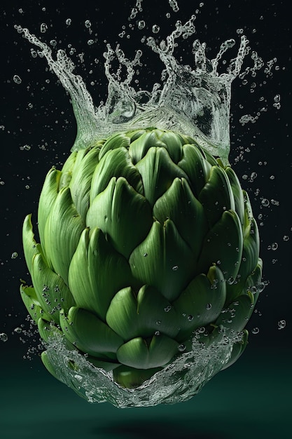 Capullo comestible de flor de alcachofa de levitación con gotas de salpicaduras de agua