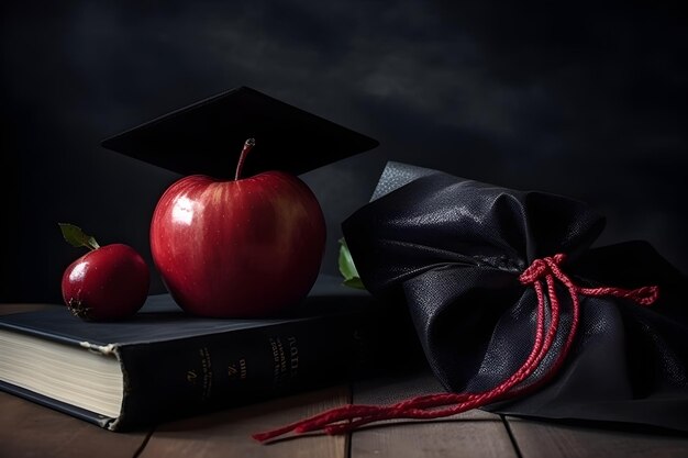 Capuz de graduação maçã e diploma em mesa de madeira