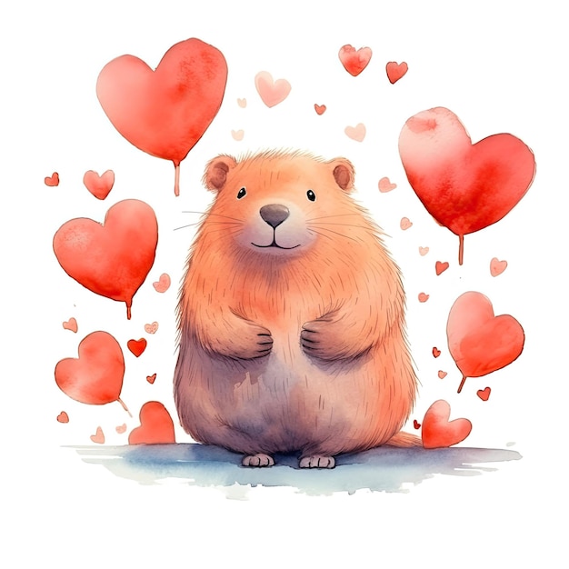 Capybara-Aquarell-Nagetier-Kompositionsliebhaber mit Herzen