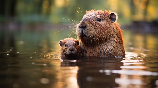 Foto capybara besa la mejilla del bebé capybara