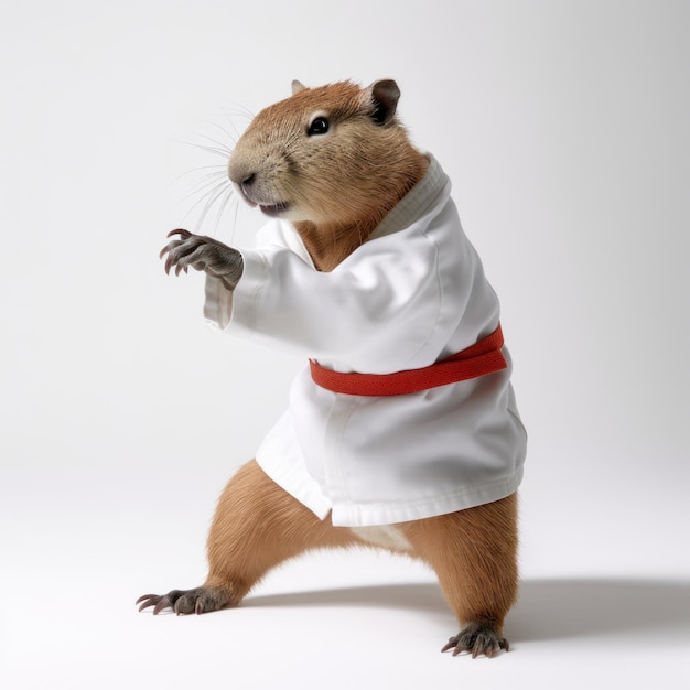 Foto capybara cara bonita uniforme de taekwondo