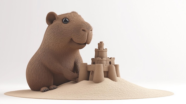 Foto capybara construyendo un castillo de arena