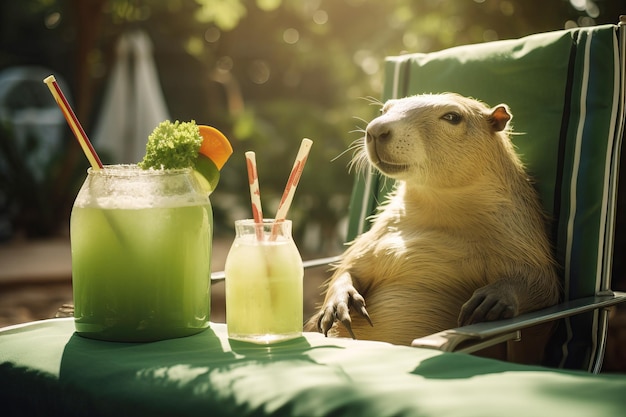 Capybara deitado em uma cadeira de salão à beira da piscina com suco verde fresco animal bonito