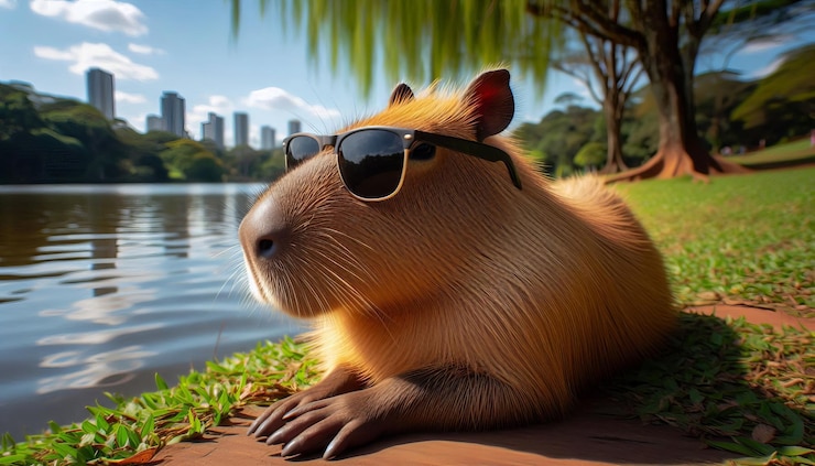 Foto capybara del parque barigui en curitiba caricatura con gafas de sol descansando en el borde de la