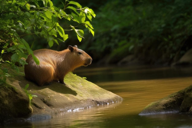 Capybara relajándose junto al arroyo rodeado de naturaleza generativa IA