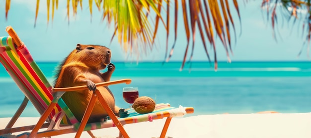 Capybara relajándose en la playa en un cartel de un cálido día de verano que anuncia viajes y aventuras en el C