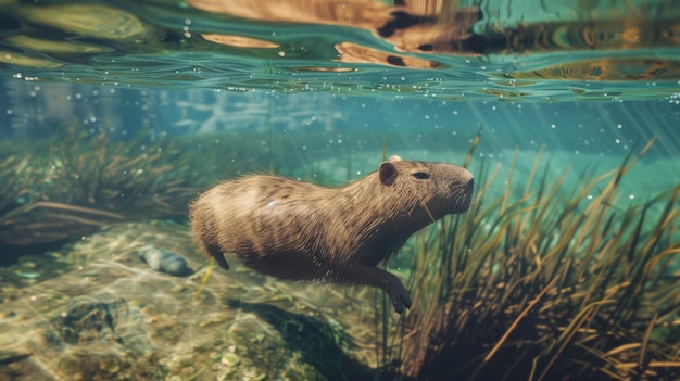 Capybara schwimmt anmutig unter Wasser in einem klaren Aqua-Fluss