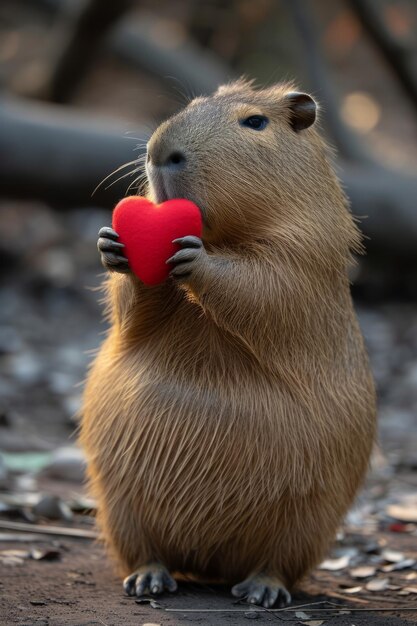 Foto capybara sostiene un gran corazón rojo en sus patas sobre un fondo brillante minimalista