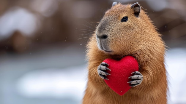 Foto capybara sostiene un gran corazón rojo en sus patas sobre un fondo brillante minimalista