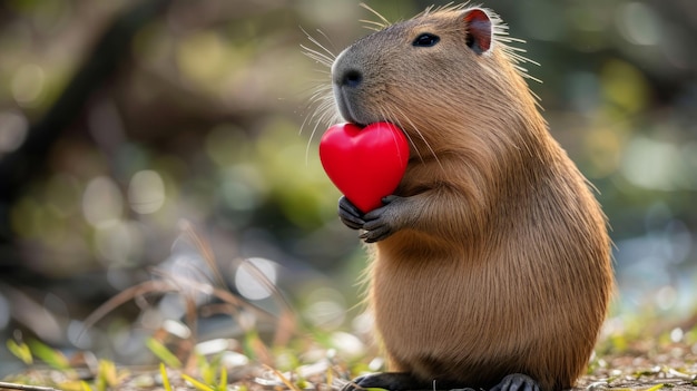 Foto capybara sostiene un gran corazón rojo en sus patas sobre un fondo brillante minimalista