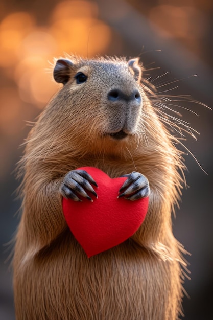 Capybara sostiene un gran corazón rojo en sus patas sobre un fondo brillante minimalista