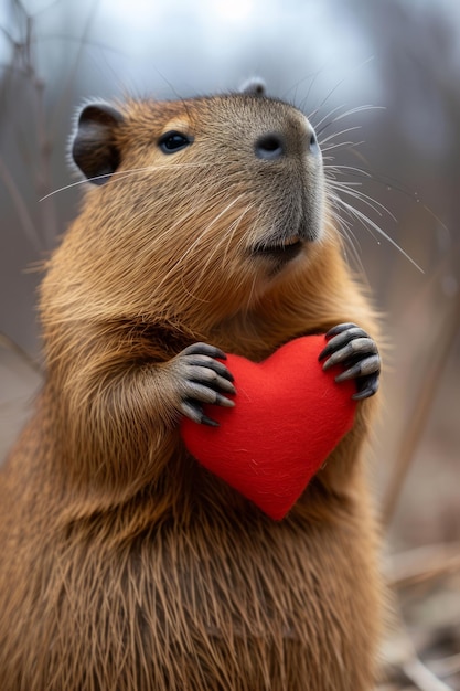 Foto capybara sostiene un gran corazón rojo en sus patas sobre un fondo brillante minimalista