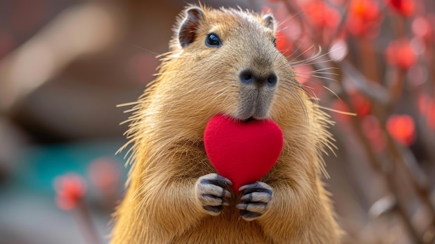 Foto capybara sostiene un gran corazón rojo en sus patas sobre un fondo brillante minimalista