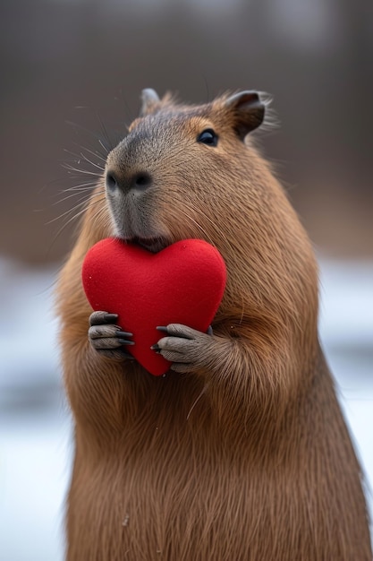 Capybara sostiene un gran corazón rojo en sus patas sobre un fondo brillante minimalista