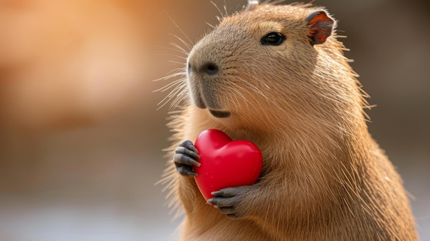 Capybara sostiene un gran corazón rojo en sus patas sobre un fondo brillante minimalista