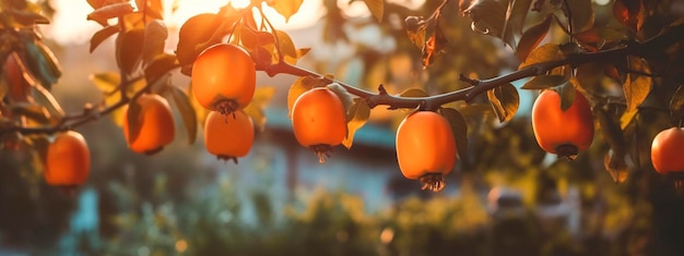 El caqui crece en un árbol en el jardín de la cosecha Ai generativo