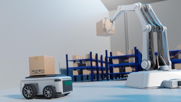 Car Robot transporta camión Box con interfaz AI Objeto para tecnología de la industria manufacturera Exportación e importación de productos del futuro Robot cibernético en el almacén por Arm Mechanical Future Technology