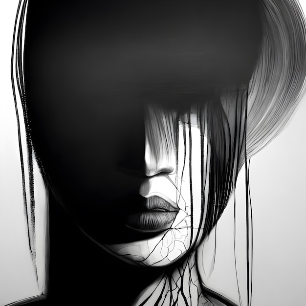 Cara abstracta de una niña arte estilizado gráficos en blanco y negro generados por ai