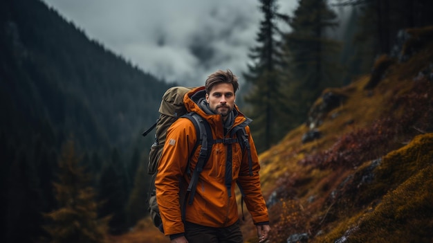 Cara altamente atraente em uma caminhada Aventura de outono ativa