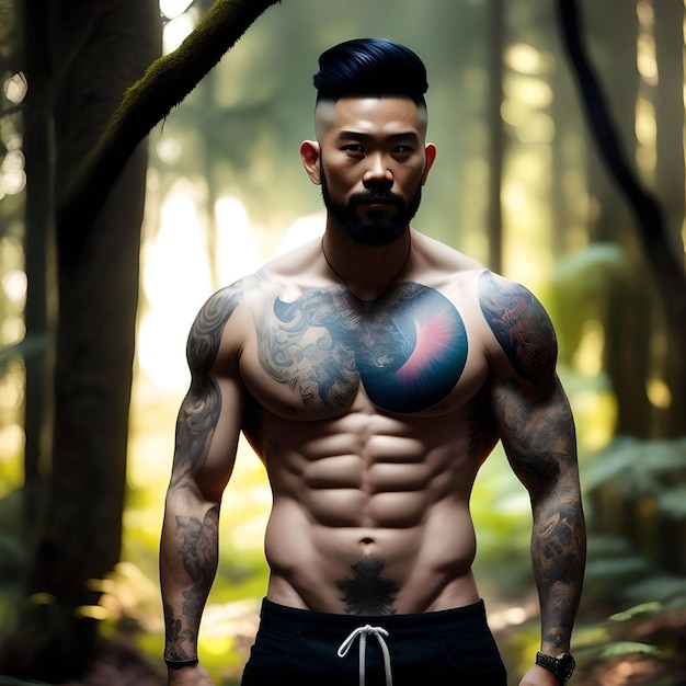 Cara asiático musculoso rasgado com tatuagem sem camisa na ilustração da floresta