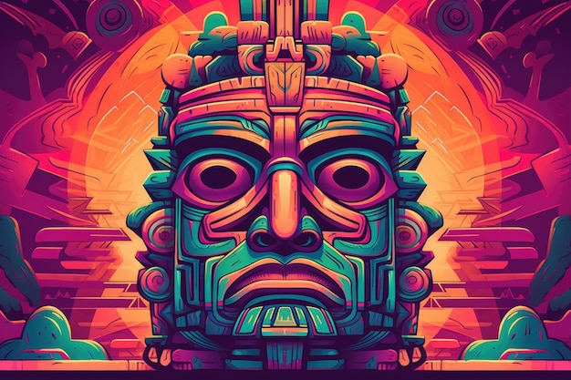 Cara Azteca Colorida Estatua Ilustración Herencia Étnica Tradicional Histórica Centroamericana