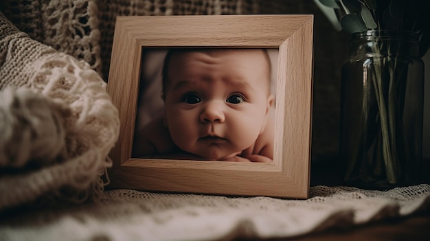 La cara de un bebé está enmarcada en un marco de madera.