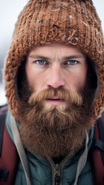 Cara brutal de IA generativa de un hombre con barba erizada y capucha de invierno