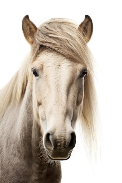 Cara de caballo mirando a la cámara sobre un fondo blanco