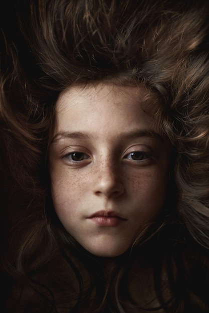 La cara de la chica aparece en un retrato de fondo de cabello oscuro de una chica filmada en el estudio