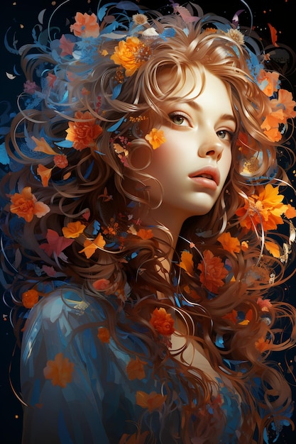 Cara de chica hermosa con cabello largo y rizado hojas de otoño naranja y flores