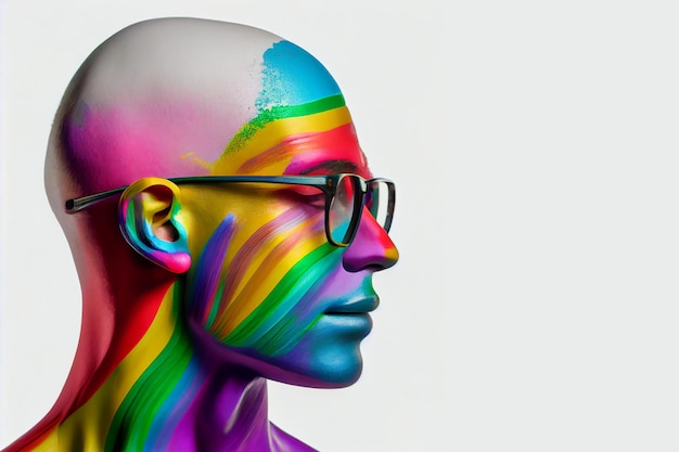 Una cara colorida con gafas y pintura de colores del arco iris en la cara