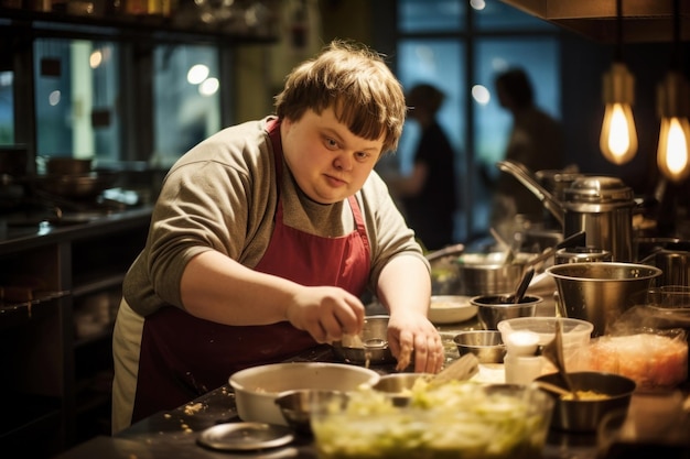 Cara com síndrome de down trabalhando na cozinha de um restaurante ou café