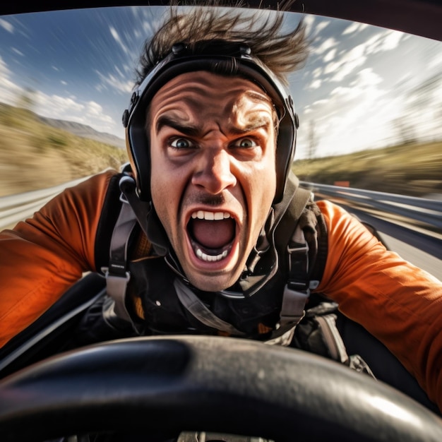 una cara de los conductores mientras aceleran por una carretera desierta