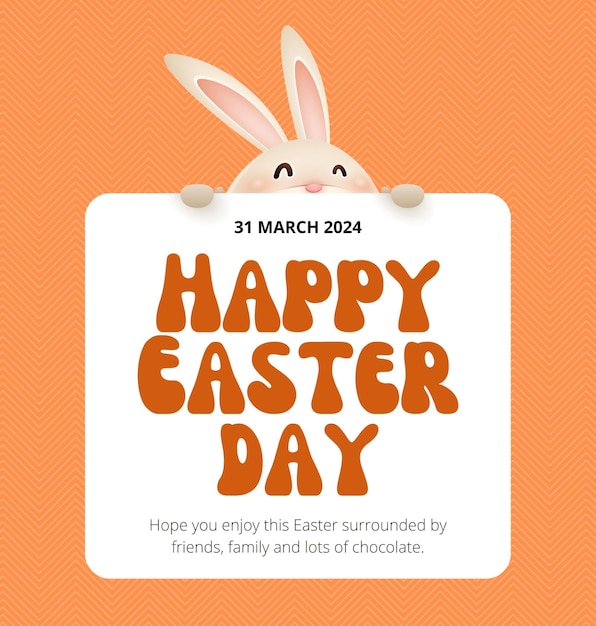 una cara de conejo está en un fondo naranja con las palabras feliz día de Pascua