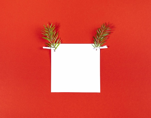 Cara creativa de ciervo navideño hecha de hoja cuadrada blanca y dos ramitas de abeto como cuernos de reno en rojo