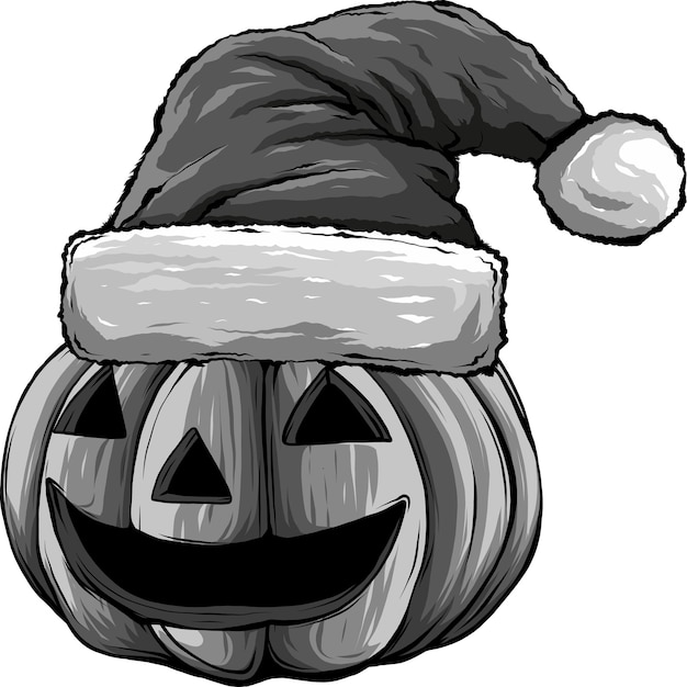 Cara de abóbora de Halloween em chapéu de Papai Noel Sketch imitação de quadro de arranhão