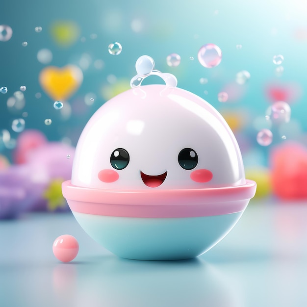 cara de bebê bonito com balão rosa e pérola em um fundo rosa renderização 3D cara de bebês bonito wi