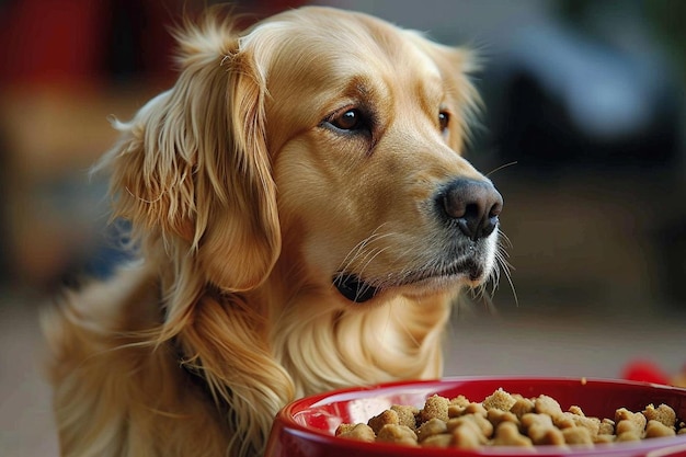 Cara de cachorro com tigela vermelha cheia de comida